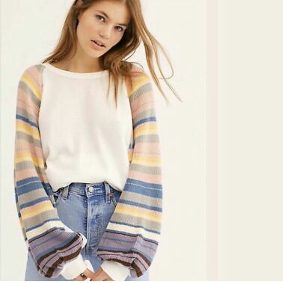 NWT Free People Rainbow Dreams Oversized Pullover Knit Thermal Sweater L